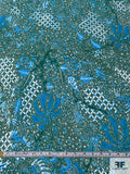 Exotic Collage Matte-Side Printed Silk Charmeuse - Dark Green / Turquoise / White