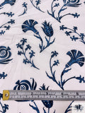 Tassled Floral Printed Cotton Lawn - Navy Blue / White