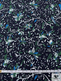Leaf Branches Printed Cotton Lawn - Dark Navy / Green / Turquoise Blue / White