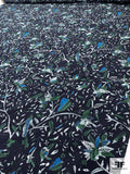 Leaf Branches Printed Cotton Lawn - Dark Navy / Green / Turquoise Blue / White