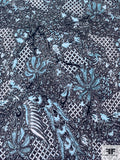 Exotic Collage Printed Cotton Lawn - Darkest Navy / Aqua Blue / White