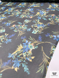 Italian Floral Bouquets Printed Polyester Organza - Black / Greens / Blues