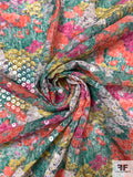 Floral Printed Polyester Chiffon with Sequins - Ocean Green / Coral / Fuchsia / Yellow