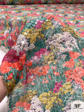 Floral Printed Polyester Chiffon with Sequins - Ocean Green / Coral / Fuchsia / Yellow