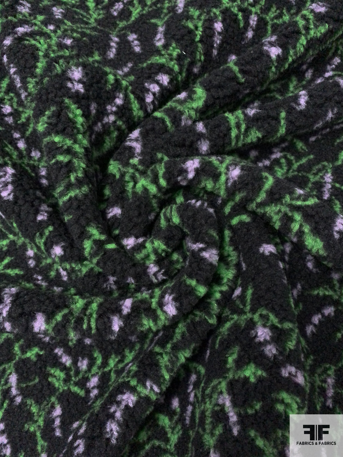 succulent fleece fabric Italian Leaf Vines and Floral Petals Printed Sherpa Fleece - Green/Lilac/Black