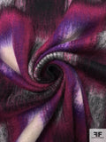 Italian Hazy Squares Printed Brushed Mohair Heavy Wool Blend Knit Coating - Magenta / Purple / Black / Light Grey