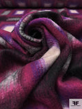 Italian Hazy Squares Printed Brushed Mohair Heavy Wool Blend Knit Coating - Magenta / Purple / Black / Light Grey