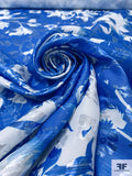 Italian Floral Printed Metallic Brocade - Blue / White / Silver