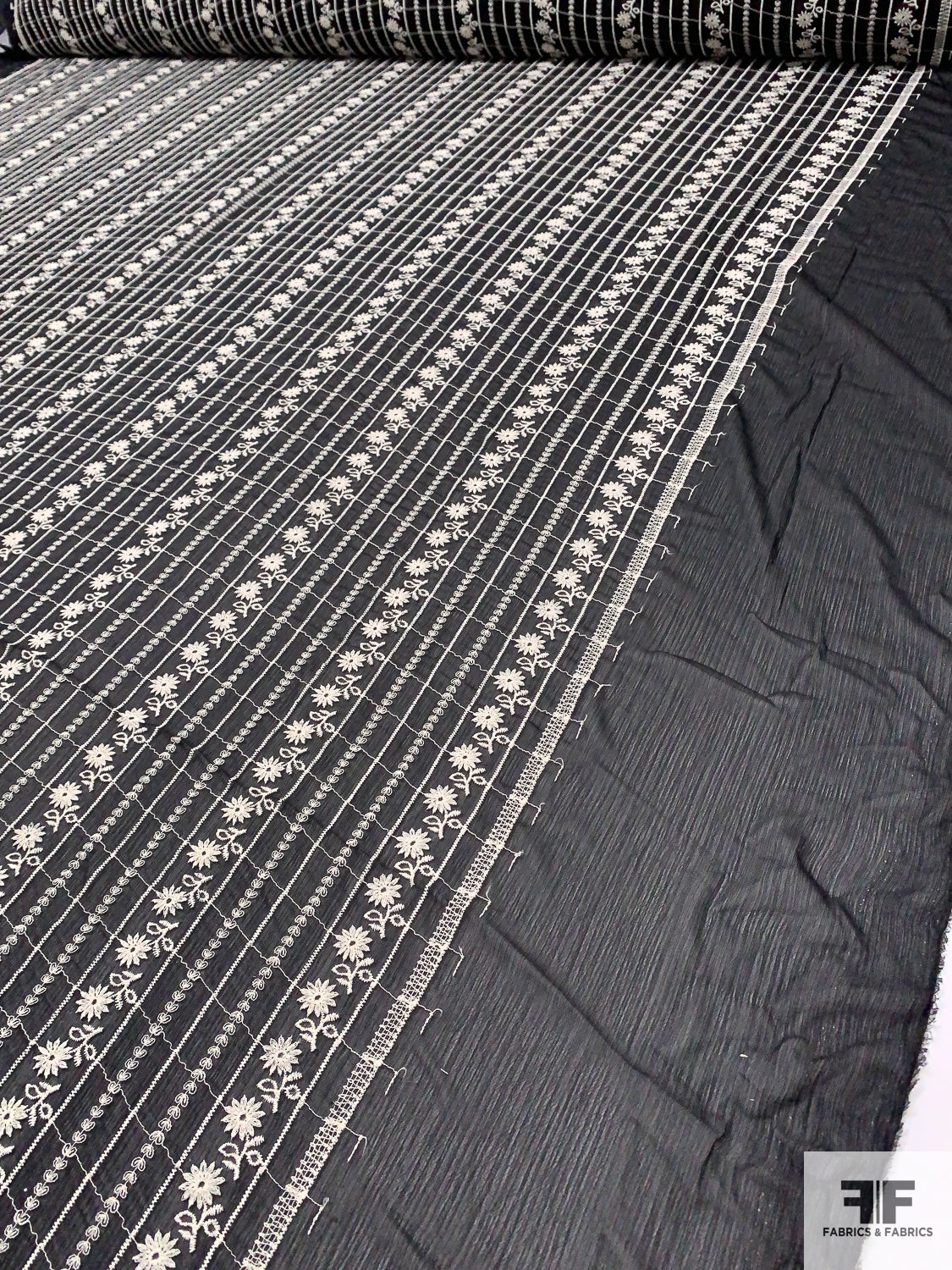 Italian Linear Floral Embroidered Crinkled Polyester Chiffon - Black / Ivory