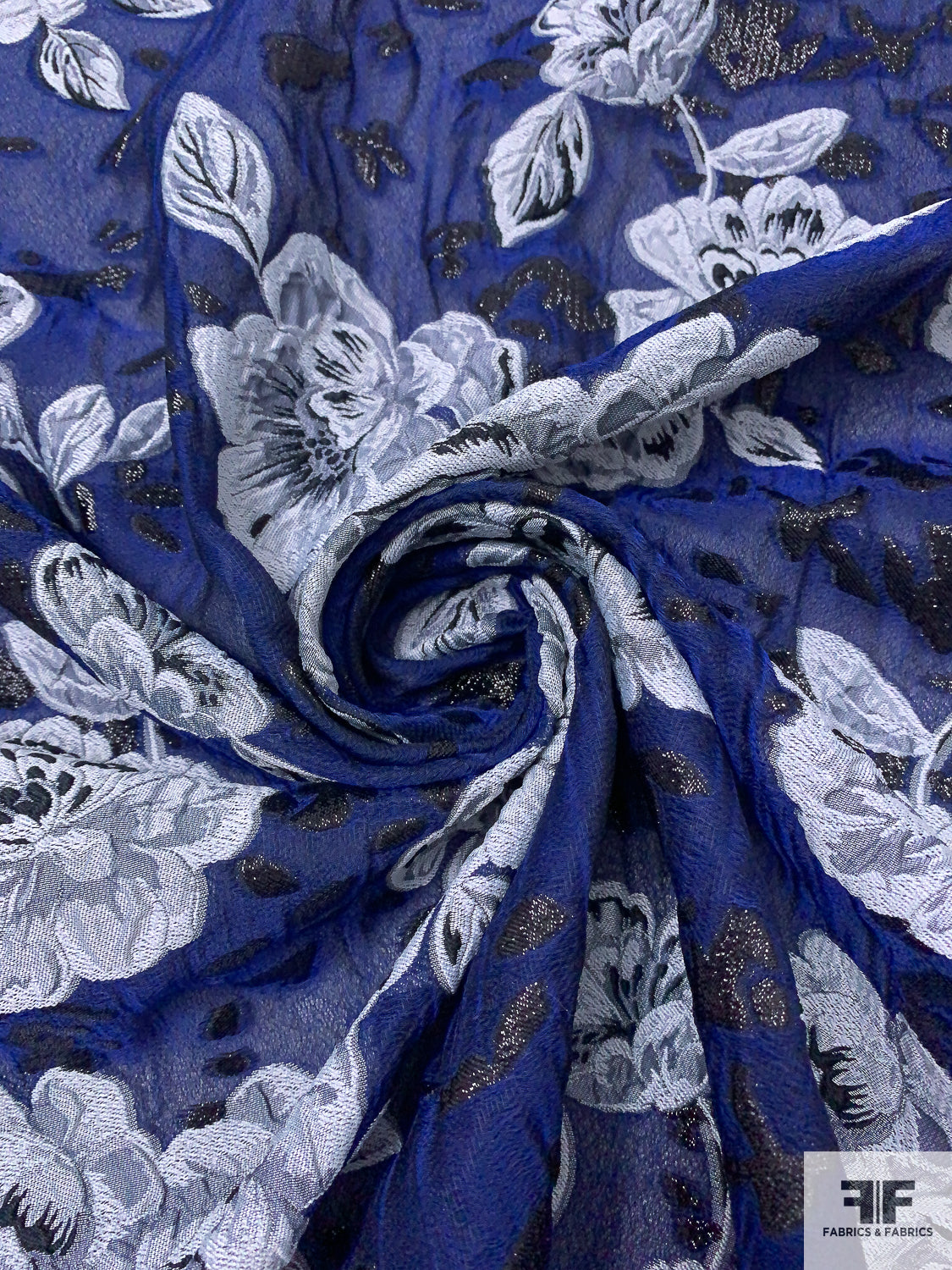 Italian Floral Fil Coup on Silk Blend Gauze - Navy Blue / Light Grey / Black - Fabric by the Yard Italian Floral Fil Coup on Silk Blend Gauze - Navy Blue / Light Grey / Black - Fabric by the Yard