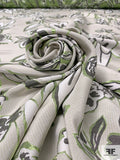 Italian Floral Silk Blend Lightweight Metallic Brocade - Light Grey / Metallic Green / White / Metallic Grey