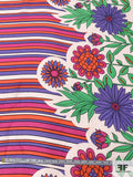 Floral Border Pattern and Striped Printed Silk and Cotton - Medium Purple / Orange / Pink / Summer Green