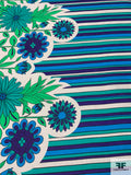 Floral Border Pattern and Striped Printed Silk and Cotton - Dark Purple / Turquoise Blue / Green