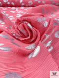 Leaf and Floral Petals Foil Printed Plissé Chiffon - Pink-Coral / Silver
