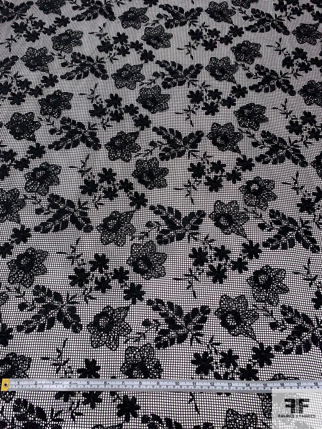 Black 3D Floral Embroidered Lace on a Black Netting - Lace - Other