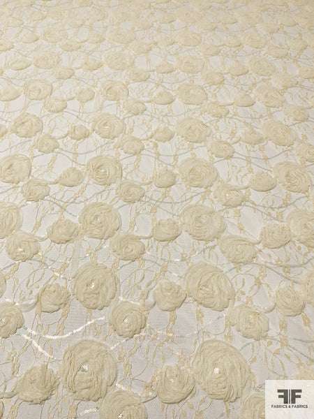 3D Floral Embroidered Ribbon, Tulle, and Sequins on Lace - Pastel Yellow