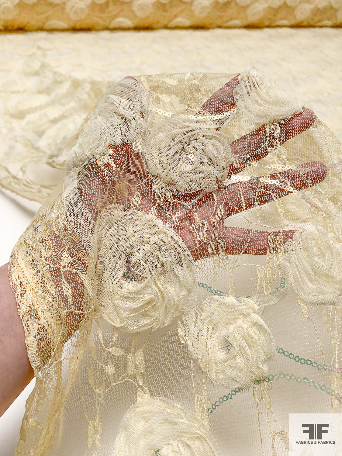 3D Floral Embroidered Ribbon, Tulle, and Sequins on Lace - Pastel Yellow | FABRICS & FABRICS Fabrics & Fabrics 3D Floral Embroidered Ribbon, Tulle, and Sequins on Lace - Pastel Yellow | FABRICS & FABRICS Fabrics & Fabrics