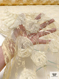 3D Floral Embroidered Ribbon, Tulle, and Sequins on Lace - Pastel Yellow