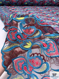 Italian Double-Scalloped Exotic Floral Embroidered Fine Tulle - Turquoise / Raspberry / Maroon / Lime / Black