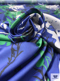 Italian Floral Silhouette Printed Fine Polyester Twill - Blue / Green / Black / Off-White