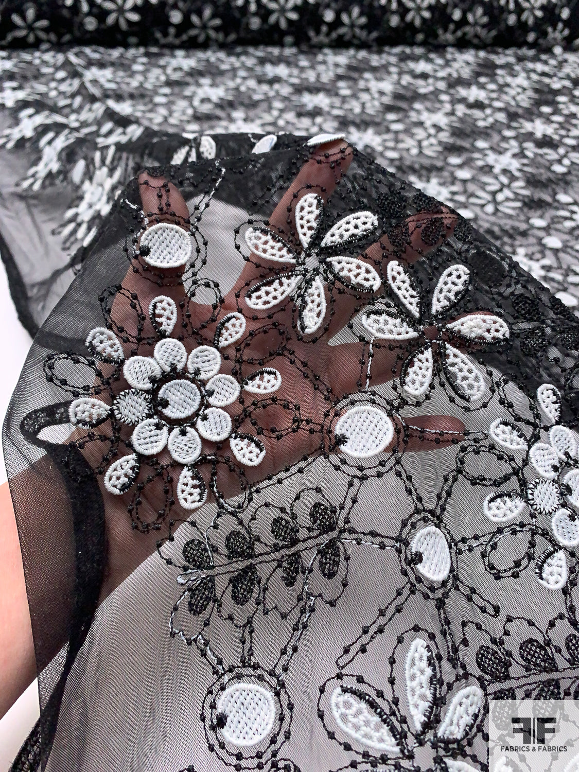 3D Floral Embroidered Fine Tulle - Black/Off-White | FABRICS & FABRICS Fabrics & Fabrics 3D Floral Embroidered Fine Tulle - Black/Off-White | FABRICS & FABRICS Fabrics & Fabrics
