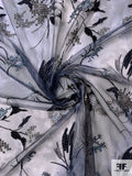 Smoky Tie-Dye Printed Tulle with Floral Embroidery and Sequins - Dusty Blue / Black / Turquoise / Antique Gold