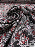 Italian Floral Glen Plaid Textured Brocade - Red / Black / Pale Taupe
