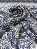 Paisley Printed Polyester Crepe-Georgette - Navy / Periwinkle / Pastel Yellow / White