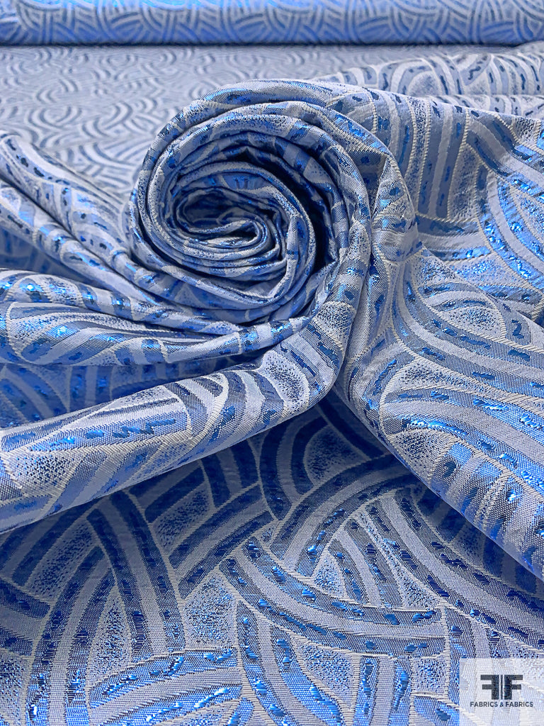 Italian Interlinked Design Metallic Brocade - Metallic Blue/Off-White ...
