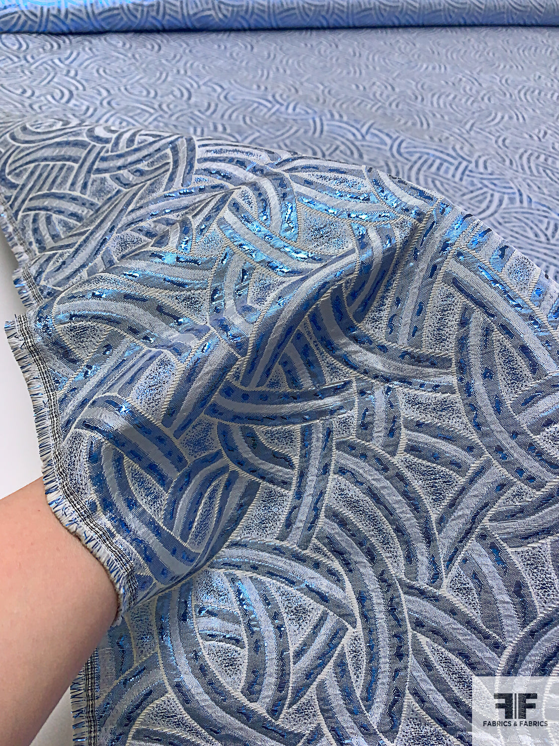 Italian Interlinked Design Metallic Brocade - Metallic Blue/Off-White ...