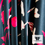 Bold Floral Printed Silk Charmeuse - Black/Red/White - Fabrics & Fabrics NY