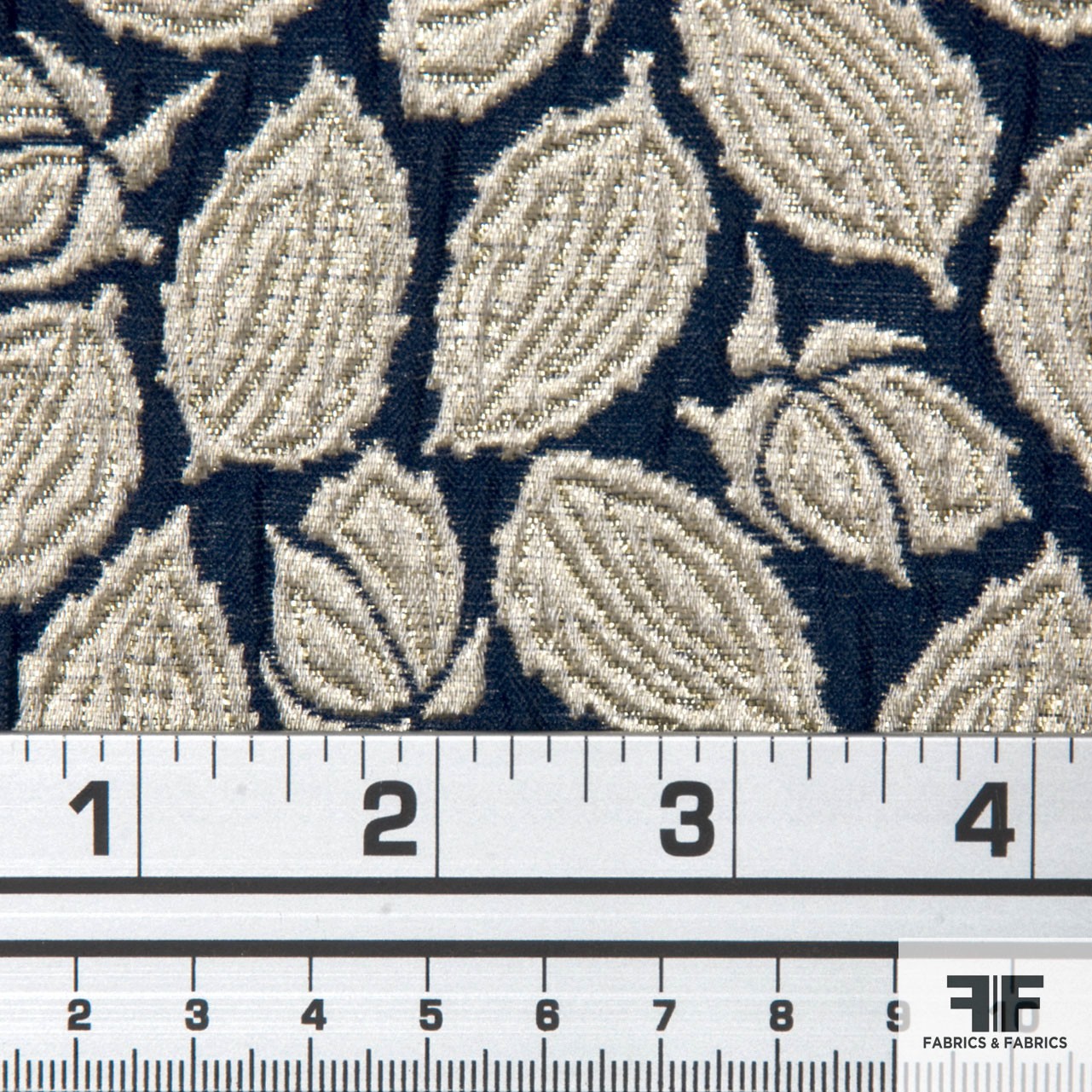 Metallic Floral Leaf Brocade fabric - Navy/Gold/Silver