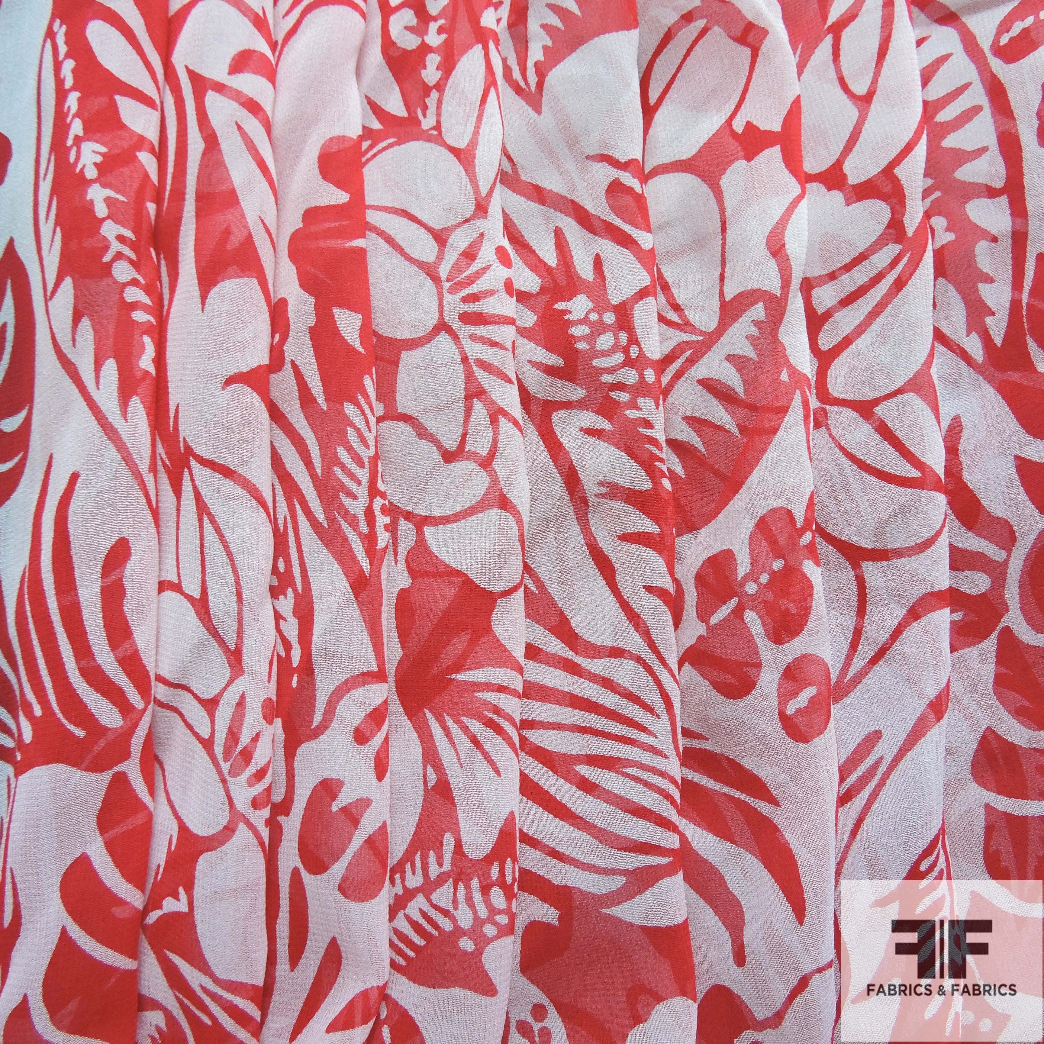Tropical Floral Printed Silk Chiffon - Red/White