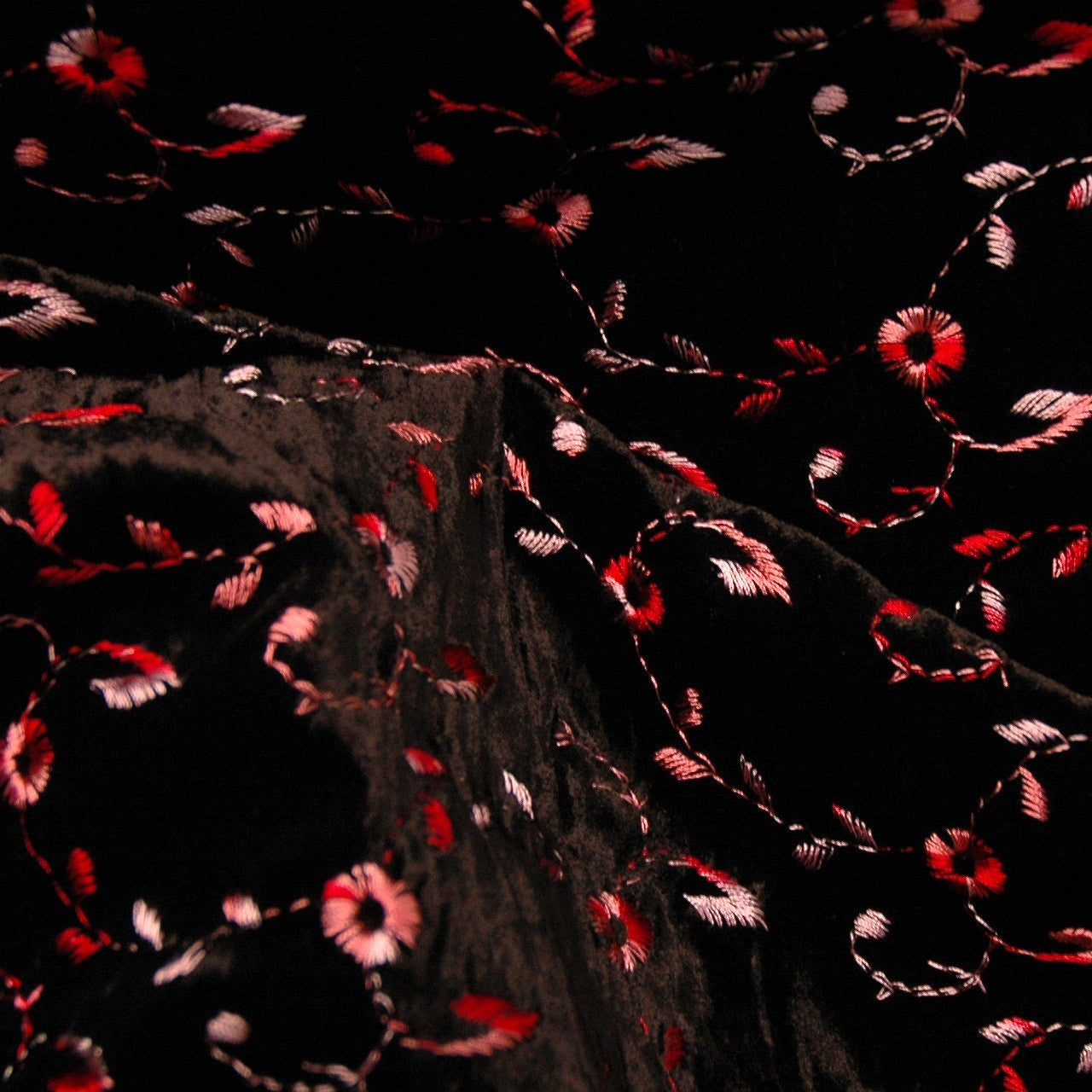 Black Red Large Floral Prints on Velvet Burn Out Rib Fabric by the Yard