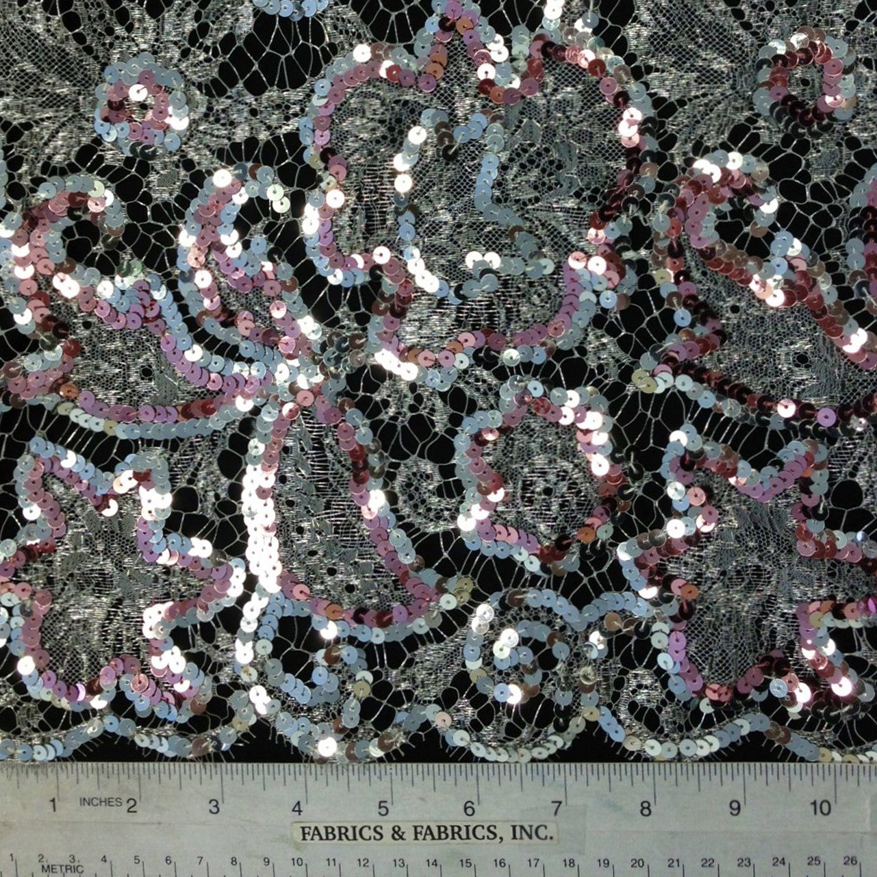Metallic Beaded Chantilly Lace - Silver/Pink