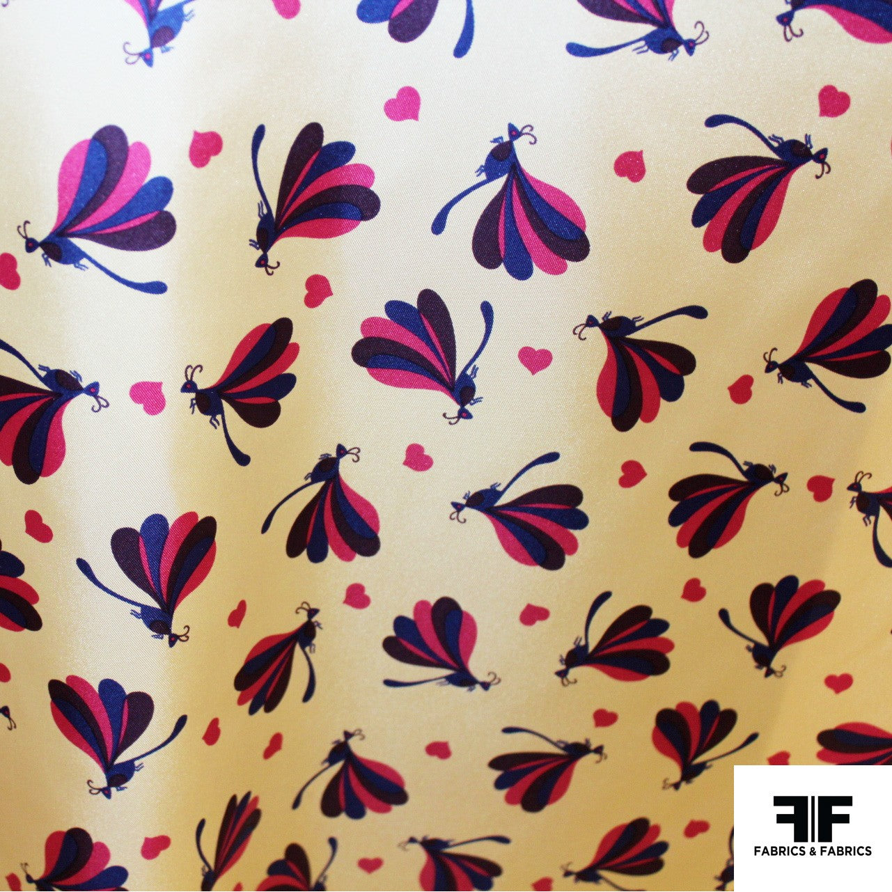 Dragonfly/Heart Printed Silk Twill - Pink/Blue - Fabrics & Fabrics NY