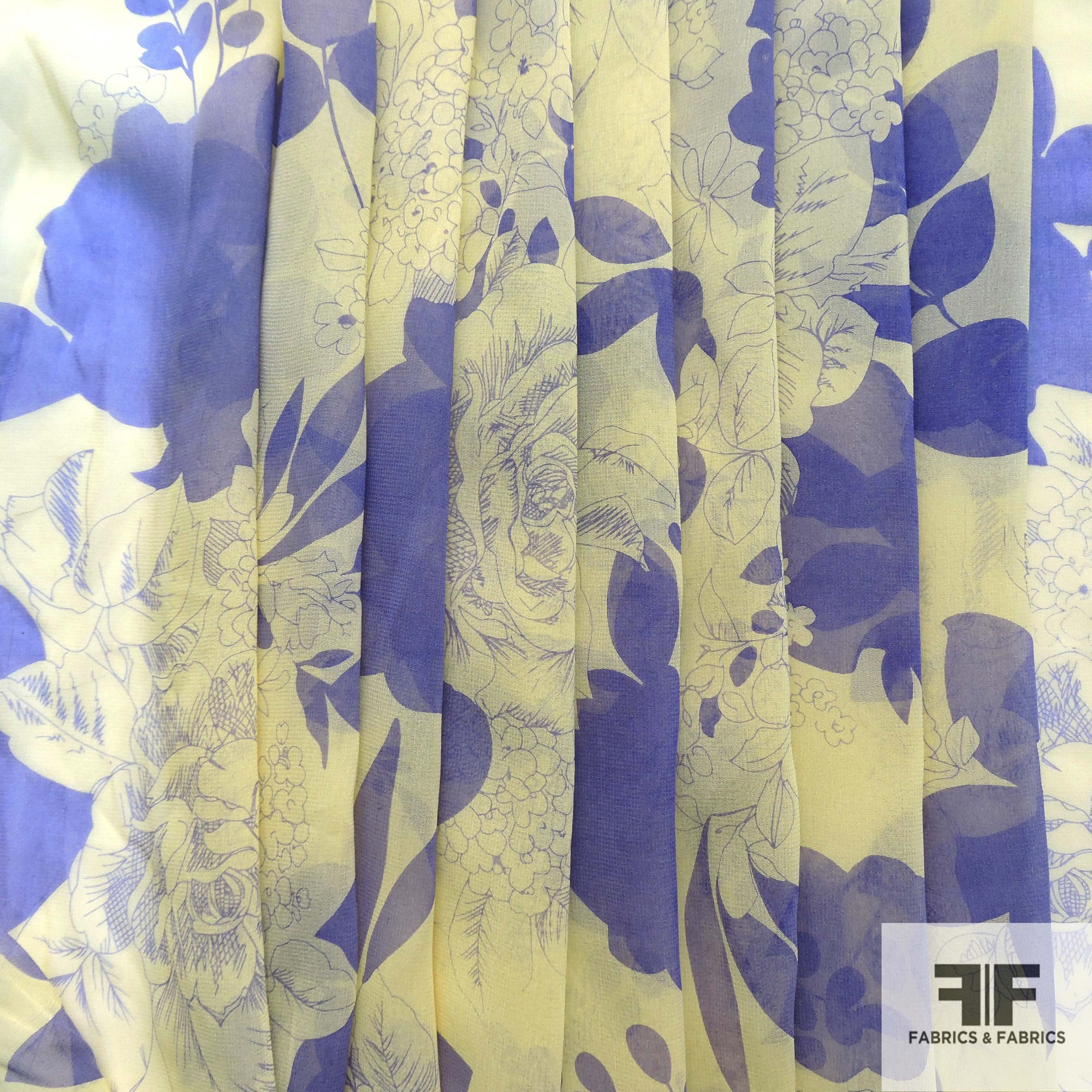 Floral Printed Silk Chiffon - Yellow/Blue