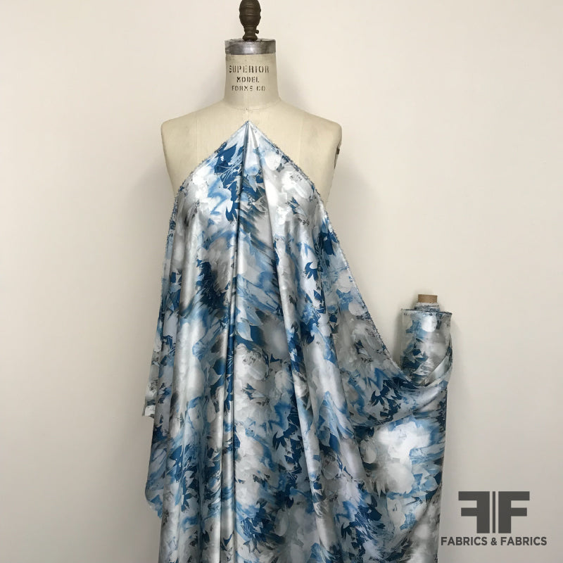 Abstract Floral Printed Silk Charmeuse - Blue - Fabrics & Fabrics