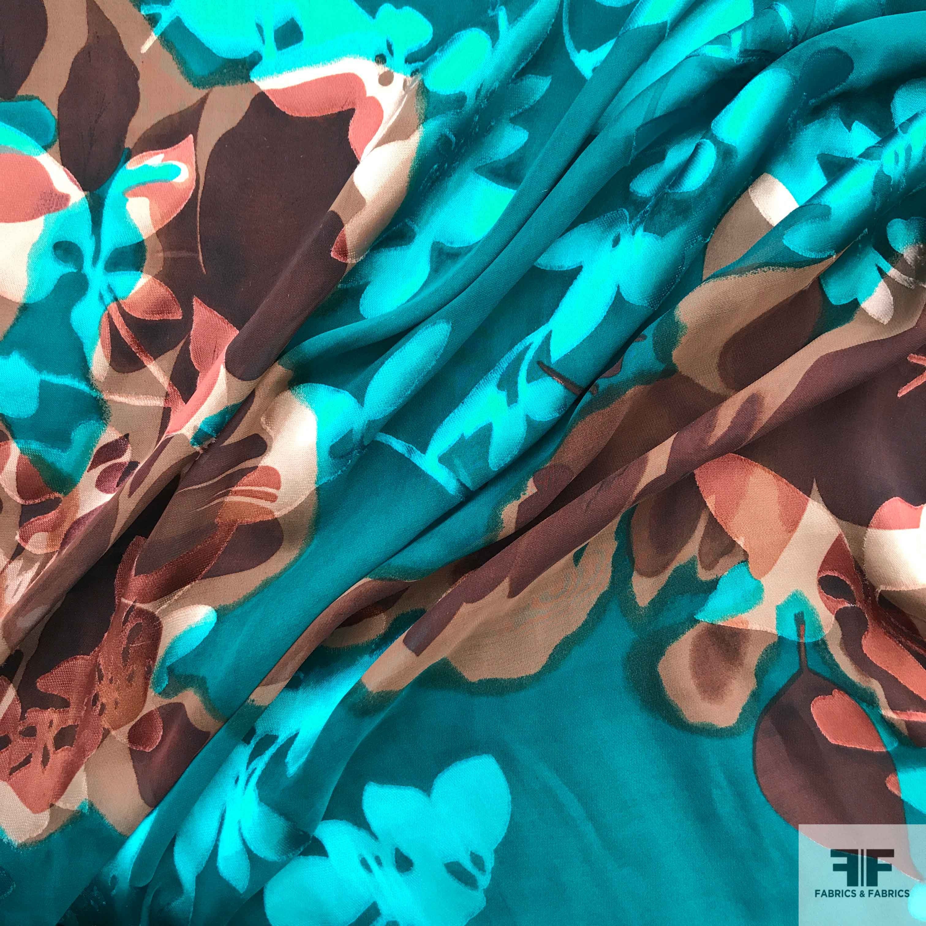 Floral Burnout Chiffon - Blue/Brown - Fabrics & Fabrics NY
