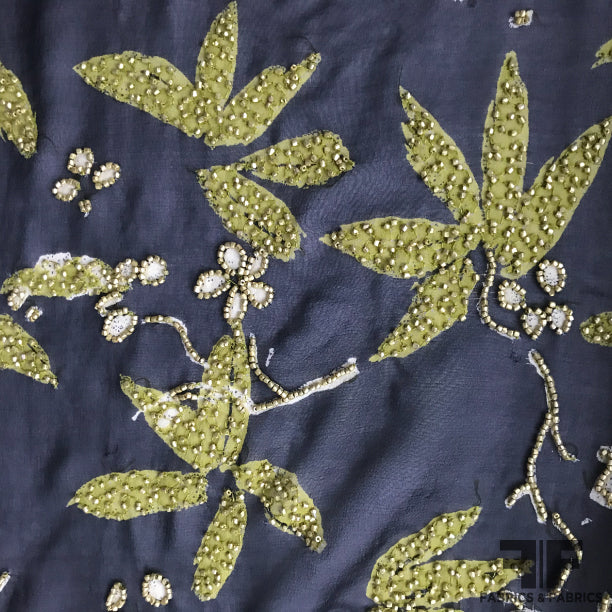 Printed & Hand Beaded Silk Chiffon - Black/Green - Fabrics & Fabrics