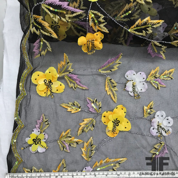 3D Floral Hand-Beaded Tulle - Black/Yellow - Fabrics & Fabrics NY