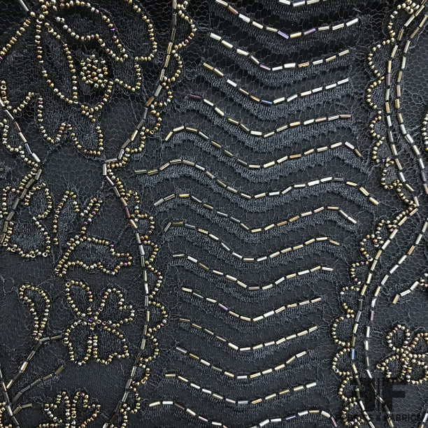 Floral/Scalloped Hand-Beaded Lace - Black/Gold - Fabrics & Fabrics