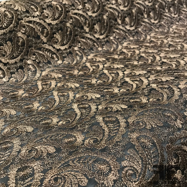 Italian Embroidered Stiff Net Organdy - Black/Copper