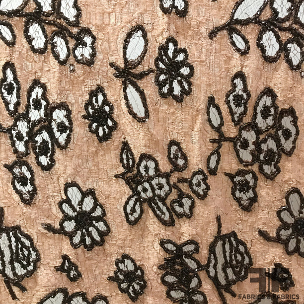 Couture Beaded Floral Mesh Lace - Beige/Black - Fabrics & Fabrics NY