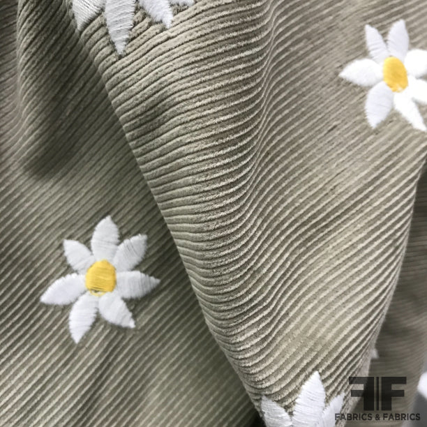 Italian Daisy Embroidered Cotton Corduroy - Beige - Fabrics & Fabrics