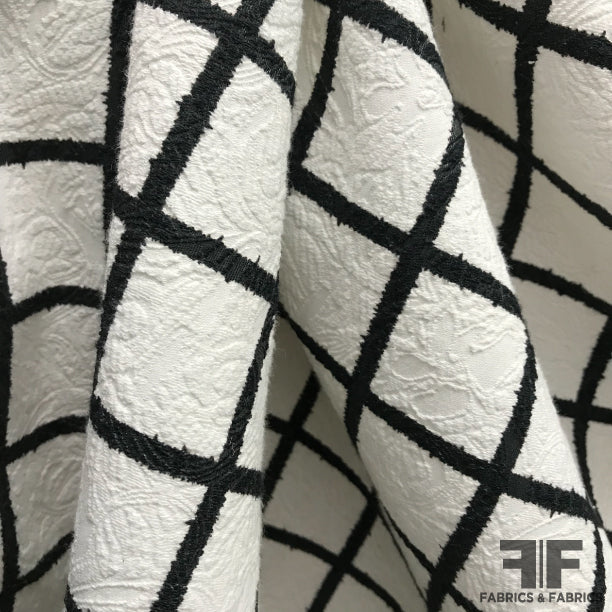 Windowpane Checkered Brocade - White/Black - Fabrics & Fabrics