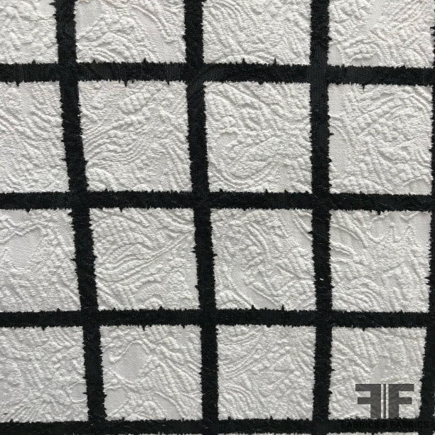 Windowpane Checkered Brocade - White/Black - Fabrics & Fabrics