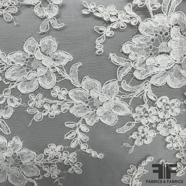 French Delicate Floral Alencon Lace - Ivory - Fabric by the Yard