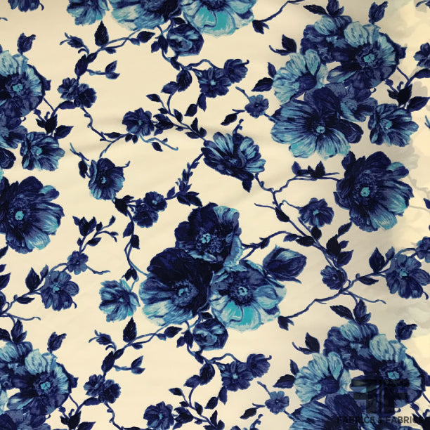 Vibrant Floral Crepe De Chine - Blue/White - Fabrics & Fabrics