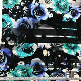 Floral & Abstract Stripe Printed Silk Crepe de Chine - Black/Blue - Fabrics & Fabrics NY